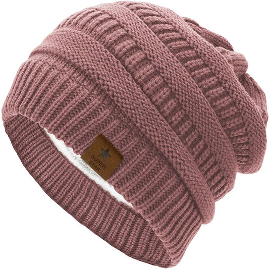 Womens Knit Beanie Winter Thick Pink Fleece Lined Beanie Hats for Women Warm Skiing Beanies Pink
