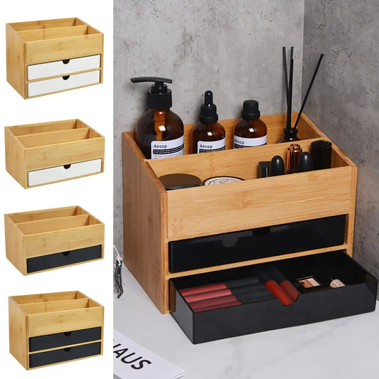 "Organize and Beautify Your Vanity with Our Bamboo Cosmetic Drawer Storage Box - Perfect for Makeup, Jewelry, and Skincare!"